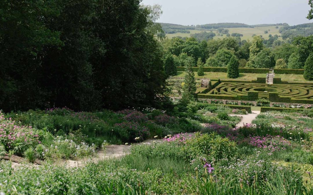 slightly elevated view of a garden with a large area of planting in the foreground, a formal garden with maze and in the distance far-reaching view of woodland and countryside